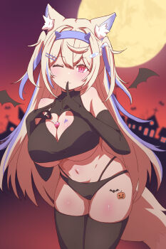 1girl absurdres alternate_breast_size_(larger) alternate_costume animal_ear_fluff animal_ears banteu bare_shoulders black_gloves blonde_hair blue_hair blue_hairband breasts clothing_cutout commentary_request detached_wings dog_ears dog_girl dog_tail elbow_gloves fake_horns fuwawa_abyssgard gloves hair_between_eyes hair_ornament hairband halloween heart_cutout highres hololive hololive_english horn_hairband horns huge_breasts looking_at_viewer moon multicolored_hair night one_eye_closed pink_eyes pumpkin tail thick_thighs thighhighs thighs twintails underboob virtual_youtuber wings