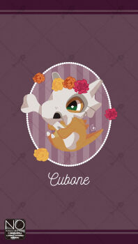 bone character_name commentary_request cubone flower flower_wreath gen_1_pokemon green_eyes highres holding holding_bone meme_(sleepsheep) nintendo no_humans pokemon pokemon_(creature) pokemon_focus skull skull_on_head spines tail
