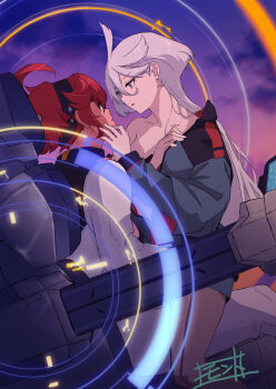 Rule 34 | 2girls, asticassia school uniform, black hairband, black pantyhose, blue eyes, bodysuit, cockpit, commentary request, eye contact, green jacket, green shorts, grey eyes, grey hair, gundam, gundam suisei no majo, hair up, hairband, hand on another's waist, highres, jacket, long hair, looking at another, miorine rembran, monto (user dmde2437), multiple girls, open clothes, open jacket, pantyhose, parted lips, red hair, school uniform, shorts, spacesuit, straddling, suletta mercury, white bodysuit, yuri