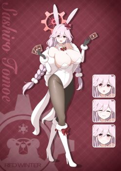 1girl absurdres animal_ear_hairband animal_ears black_gloves black_pantyhose blue_archive boots braid breasts card character_name commentary_request detached_collar fake_animal_ears fake_tail fur-trimmed_boots fur_jacket fur_trim gear_halo gloves hair_between_eyes hairband halo high_heel_boots high_heels highleg highleg_leotard highres holding holding_card huge_breasts jacket leotard long_hair low_twin_braids pantyhose pink_eyes pink_hair pink_halo playboy_bunny playing_card rabbit_ear_hairband rabbit_ears rabbit_tail red_winter_federal_academy_logo smile strapless strapless_leotard suke_(share_koube) tail tomoe_(blue_archive) twin_braids very_long_hair white_boots white_hairband white_jacket white_leotard