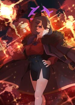 1girl absurdres backlighting black_hat black_skirt blue_archive buttons c: closed_mouth coat coat_on_shoulders collared_shirt commentary_request double-breasted explosion feet_out_of_frame garrison_cap hair_ornament hairclip halo hand_on_own_hip hand_up haruka_(blue_archive) hat highres korean_commentary looking_down mmm5162 neck_ribbon parallel_hairclips pencil_skirt purple_eyes purple_hair purple_halo purple_pupils red_ribbon red_shirt ribbon shirt side_slit sidelocks skirt slit_pupils smile smug solo sparks standing thighs