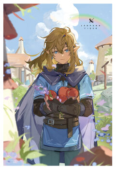 1boy artist_name black_gloves black_sweater blonde_hair blue_eyes blue_sky border cape champion's_tunic_(zelda) chimney chinese_commentary closed_mouth cloud earrings english_text fingerless_gloves flower food fruit gloves hair_between_eyes holding holding_flower holding_food holding_fruit jewelry lavender_(flower) leopardtiger light_smile link long_hair looking_at_viewer male_focus nature nintendo pointy_ears rainbow shirt sidelocks sky solo strap sweater the_legend_of_zelda the_legend_of_zelda:_breath_of_the_wild the_legend_of_zelda:_tears_of_the_kingdom upper_body