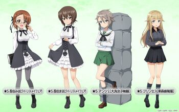 Rule 34 | 4girls, alternate hair length, alternate hairstyle, ange (princess principal), ange (princess principal) (cosplay), ankle boots, arms behind back, bespectacled, black bow, black bowtie, black dress, black footwear, black neckerchief, black ribbon, black skirt, black socks, blonde hair, blouse, blue eyes, blunt bangs, blush, boots, bow, bowl, bowtie, braid, brown eyes, brown footwear, brown hair, closed mouth, collar, commentary request, cosplay, crossed arms, crossover, dress, dress shirt, flower, frilled collar, frilled dress, frills, frown, girls und panzer, glasses, green skirt, grey pantyhose, grey shirt, hair flower, hair ornament, hair ribbon, high collar, highres, holding, holding bowl, kuromorimine school uniform, layered dress, light smile, loafers, long sleeves, looking at viewer, messy hair, miniskirt, multiple girls, neckerchief, nishizumi maho, nishizumi miho, official art, ooarai school uniform, open mouth, own hands together, pantyhose, parted lips, pleated skirt, princess (princess principal), princess (princess principal) (cosplay), princess principal, princess principal crown handler, ribbon, sailor collar, school uniform, serafuku, shirt, shoes, siblings, sisters, skirt, skirt hold, smile, socks, standing, standing on one leg, translated, watermark, white sailor collar, white shirt, wing collar