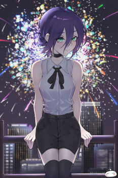 1girl absurdres aerial_fireworks black_choker black_ribbon black_shorts black_thighhighs chainsaw_man choker city closed_mouth collared_shirt fireworks green_eyes grenade_pin hair_between_eyes hair_bun highres looking_at_viewer neck_ribbon night purple_hair rain_coke05 reze_(chainsaw_man) ribbon shirt shorts sleeveless sleeveless_shirt solo thighhighs white_shirt