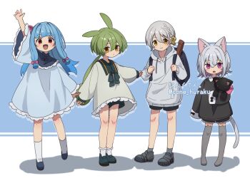 4girls :d animal_ear_fluff animal_ears arm_up artist_name backpack bag black_dress blue_background blue_dress blue_hair blue_shoes blunt_bangs boots bow bowtie cat_ears cat_girl cat_tail closed_mouth commentary_request corn_kuten drawstring dress frilled_dress frilled_sleeves frills full_body green_bow green_bowtie green_hair green_shoes grey_boots grey_hair grey_socks hair_between_eyes holding_strap hood hood_down hoodie iori_yuzuru kotonoha_aoi long_hair long_sleeves looking_at_viewer multiple_girls open_mouth outstretched_arm pink_eyes red_eyes sayo_(voicevox) shoes short_hair smile socks standing stuffed_animal stuffed_cat stuffed_toy tail thigh_boots twitter_username voiceroid voicevox white_hoodie white_socks yellow_eyes zundamon