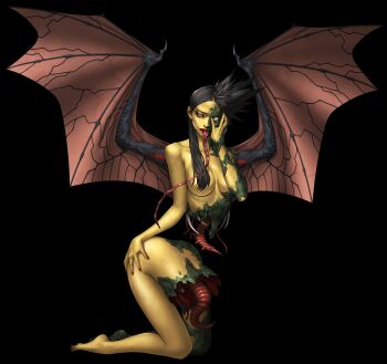 1girl absurdres artist_request black_hair breasts colored_skin demon_(megami_tensei) exposed_bone green_skin guro hair_over_breasts hair_over_one_breast hand_on_own_ass highres kneeling long_tongue manananggal manananggal_(megami_tensei) monster_girl multicolored_skin nude official_art open_mouth red_nails shin_megami_tensei shin_megami_tensei_v solo third-party_source tongue tongue_out transparent_background two-tone_skin wings yellow_skin