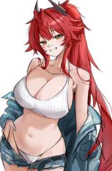 1girl 808_0 absurdres bandage_on_nose bandaid bandaid_on_face bandaid_on_nose belt camisole denim denim_jacket denim_shorts goddess_of_victory:_nikke highres horns jacket mechanical_horns official_alternate_costume official_alternate_hairstyle open_belt red_hood_(nikke) red_hood_(retro_days)_(nikke) shorts smile solo white_camisole