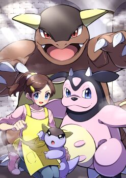 1girl :d absurdres apron blue_eyes blush brown_hair clenched_hand eyelashes gen_1_pokemon gen_2_pokemon hand_up highres kangaskhan kneeling long_hair miltank nintendo nursery_aide_(pokemon) open_mouth pants pink_shirt pink_shoes pokemon pokemon_(creature) pokemon_bw pon_yui ponytail shirt shoes smile sneakers yellow_apron