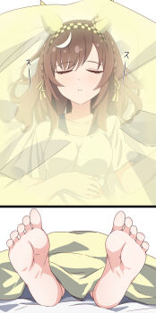 Rule 34 | 1girl, alternate costume, animal ears, bed, blush, braid, breasts, brown hair, buena vista (umamusume), closed eyes, closed mouth, collarbone, commentary request, feet, hair between eyes, hair ornament, hairband, highres, hiro (pqtks113), horse ears, medium breasts, medium hair, portrait, sleeping, umamusume