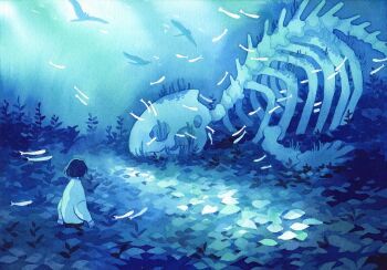 1girl animal_skeleton black_hair blue_theme bone from_behind giant_skeleton heikala highres light_rays long_sleeves manta_ray original painting_(medium) scenery short_hair skeleton solo sweater traditional_media underwater watercolor_(medium) white_sweater wide_shot