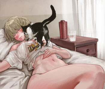 Rule 34 | 1girl, absurdres, animal, animal focus, asymmetrical sidelocks, bed sheet, belly, black cat, blonde hair, blush, braid, braided sidelock, breasts, buster shirt, cat, cat on person, closed eyes, covered erect nipples, curvy, cushion, dreaming, highres, indoors, m4skedboi, messy hair, multicolored cat, myroslava bozhuk, navel, on bed, original, pajamas, panties, pet, sidelocks, sleeping, sleepy, smelling, stomach, thick thighs, thighs, underwear, waking another, wide hips