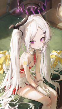 1girl absurdres alternate_costume alternate_hairstyle bandaid bare_shoulders between_legs black_halo black_horns blue_archive blush breasts character_name cheerleader commentary demon_girl demon_horns demon_wings downblouse eyelashes feet_out_of_frame forehead gloves grey_hair hair_ornament hair_spread_out hairclip halo hand_between_legs highres hina_(blue_archive) horns leaning_forward long_hair looking_at_viewer meoyo millennium_cheerleader_outfit_(blue_archive) miniskirt multiple_horns parted_bangs parted_lips pom_pom_(cheerleading) purple_eyes purple_wings sidelocks sitting skirt slit_pupils small_breasts solo star_(symbol) star_sticker sticker sweat tsurime twintails very_long_hair white_gloves wings