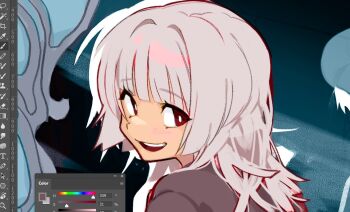 1boy art_program_in_frame blue_background brown_sweater commentary dessxericas english_commentary kishimen_hair looking_at_viewer looking_back male_focus medium_hair portrait red_eyes saihate_eki smile solo sweater tatsunami_shion teeth upper_teeth_only white_hair