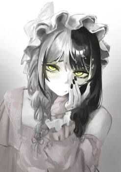 Rule 34 | 1girl, :/, arm warmers, arufrrst, bow, braid, closed mouth, commentary, english commentary, frilled hairband, frills, greyscale, hair bow, hair ornament, hairband, hand on own cheek, hand on own face, highres, hololive, hololive english, light blush, long hair, looking at viewer, low twin braids, monochrome, multicolored hair, nail polish, nightgown, official alternate costume, official alternate hairstyle, shiori novella, shiori novella (sleepwear), single off shoulder, sleepwear, solo, split-color hair, spot color, star (symbol), star hair ornament, twin braids, two-tone hair, upper body, virtual youtuber, yellow eyes