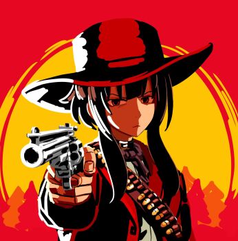 1girl aiming ammunition_belt arthur_morgan arthur_morgan_(cosplay) commentary cosplay cowboy_hat frown gun handgun hat highres holding holding_gun holding_weapon jacket kono_subarashii_sekai_ni_shukufuku_wo! kurokimoko limited_palette megumin red_dead_redemption_(series) red_dead_redemption_2 revolver serious short_hair_with_long_locks sidelocks solo upper_body v-shaped_eyebrows weapon