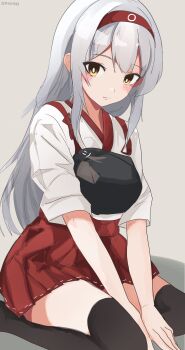 Rule 34 | 1girl, between legs, black thighhighs, blush, brown eyes, commentary request, grey background, hakama, hakama short skirt, hakama skirt, hand between legs, headband, highres, japanese clothes, kantai collection, kneeling, long hair, looking at viewer, miron (mirona33), muneate, red headband, red skirt, shirt, shoukaku (kancolle), simple background, skirt, solo, thighhighs, twitter username, white hair, white shirt