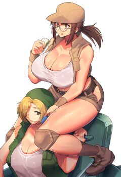 2girls bandana baseball_cap belt black_belt blonde_hair blurry blurry_background boots breasts brown_eyes brown_hair brown_hat brown_shorts brown_vest cleavage clothing_cutout commentary_request crop_top eating field_cap fio_germi food glasses green_bandana green_vest hat highres hip_vent huge_breasts juice_box kasamoto_eri knee_pads load_bearing_vest madsensei metal_slug multiple_girls navel open_clothes open_vest outdoors round_eyewear sandwich shorts sidelocks simple_background sitting sleeveless_vest tongue tongue_out utility_vest vest white_background