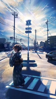 1girl black_hair building car cloud cloudy_sky commentary_request evening floral_print floral_print_kimono food hair_bun highres japanese_clothes kimono motor_vehicle obi original outdoors parking_lot popsicle power_lines print_kimono sandals sanmen_(threeface_il) sash scenery shadow sky solo town