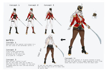 1girl aisurin1st alternate_hairstyle armor belt black_boots black_hat boots breasts brown_pantyhose closed_mouth coat commentary concept_art english_commentary english_text female_focus full_body gloves hat highres holding holding_sword holding_weapon indie_virtual_youtuber large_breasts long_hair pants pantyhose pauldrons pointing_out_the_details red_coat red_hat reference_sheet shako_cap shoulder_armor simple_background sword the_nutcracker the_nutcracker_(character)_(cosplay) undershirt unworn_coat virtual_youtuber weapon white_background white_gloves white_hair white_pants zentreya