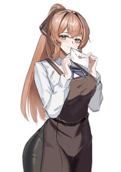 Rule 34 | 1girl, apron, black pants, blush, breasts, brown apron, brown hair, cowboy shot, dimos (dawn 1945), envelope, girls' frontline, girls' frontline 2: exilium, green eyes, hair between eyes, hair ribbon, hair rings, hashtag-only commentary, highres, holding, holding envelope, large breasts, long hair, looking at viewer, official alternate costume, pants, ribbon, shirt, sidelocks tied back, simple background, smile, solo, springfield (girls' frontline), springfield (girls' frontline 2), valentine, white background, white shirt