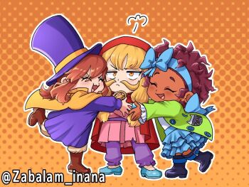 3girls a_hat_in_time animal_print back_bow belt belt_boots belt_buckle black_boots blonde_facial_hair blonde_hair blue_bow blue_hairband blue_shoes blue_skirt boots bow bow_hairband bow_kid brown_boots brown_hair brown_pants buckle buttons cape cat_print chibi child cloak closed_eyes commentary_request dark-skinned_female dark_skin dot_nose dress facial_hair frown full_body green_jacket hairband hat hat_kid hat_ribbon hood hooded_cloak jacket long_hair long_sleeves looking_at_viewer medallion multiple_girls mustache mustache_girl open_mouth orange_background outline pants pink_dress ponytail purple_belt purple_hat purple_jacket purple_pants red_cloak ribbon shirt shoes sidelocks skirt smile star_(symbol) top_hat twitter_username white_outline white_shirt yellow_cape yellow_eyes yellow_ribbon zabalam_inana
