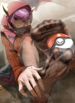 Rule 34 | 1girl, courtney (pokemon), feet, highres, hood, light blush, looking at viewer, medium hair, nokchamint, open mouth, pantyhose, poke ball, pokemon, pokemon oras, purple eyes, purple hair, soles, steam, sweat, toes