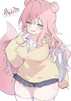1girl blue_eyes borrowed_design breasts cleavage collared_shirt commentary_request cowboy_shot fang fingernails gyaru gyaru_slowpoke_(shin_no_tenpii) heart highres kogal long_sleeves looking_at_viewer miniskirt nintendo open_mouth partially_unbuttoned personification pillow pink_hair pleated_skirt pokemon pokemon_tail shirt simple_background skirt smile sweater tail thighs tonikaku_kaku translation_request white_background white_shirt yellow_sweater