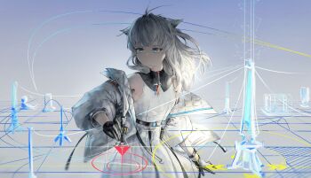 1girl absurdres animal_ears arknights arknights:_endfield bare_shoulders bird_ears bird_girl black_gloves blue_eyes coat dress gloves gradient_background grey_hair highres long_hair off_shoulder open_clothes open_coat perlica_(arknights) sleeveless sleeveless_dress solo thomko7 white_coat white_dress