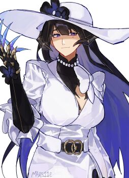 1girl bead_necklace beads black_hair blue_hair bow breasts colored_inner_hair commentary constance_(honkai:_star_rail) dress english_commentary hand_up hat highres honkai:_star_rail honkai_(series) jewelry large_breasts long_hair looking_at_viewer multicolored_hair necklace purple_eyes sillyguy1234567 simple_background smile solo upper_body very_long_hair white_background white_bow white_dress white_hat