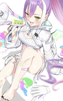 1girl absurdres bandaid bandaid_on_leg black_nails breasts cleavage cleavage_cutout clothing_cutout demon_girl demon_wings ear_piercing gloves green_eyes hair_intakes highres hololive long_hair looking_at_viewer multicolored_hair nail_polish official_alternate_costume official_alternate_hairstyle piercing pink_hair pointy_ears ponytail purple_hair shorts shrug_(clothing) small_breasts smile solo streaked_hair thigh_strap toenail_polish toenails tokoyami_towa tokoyami_towa_(cyberpunk) unworn_gloves uw_chanmaru very_long_hair virtual_youtuber white_gloves white_shorts white_shrug wings