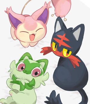 Rule 34 | animal focus, cat, closed eyes, closed mouth, colored sclera, commentary request, fangs, gen 3 pokemon, gen 7 pokemon, highres, litten, lying, nekkoneko1026, nintendo, no humans, open mouth, pink eyes, pokemon, pokemon (creature), pokemon focus, simple background, skitty, smile, sprigatito, white background, yellow sclera