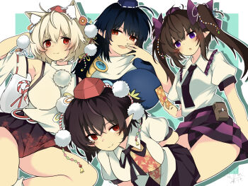 4girls :o animal_ear_fluff animal_ears black_hair black_necktie black_panties black_ribbon black_skirt blouse blue_dress blue_hair blue_hat bow brown_hair cellphone checkered_clothes checkered_skirt closed_mouth collared_shirt commentary dated detached_sleeves dress fang fliex grey_hair hair_bow half-closed_eyes hand_on_own_head hand_to_own_mouth hat highres himekaidou_hatate holding holding_phone iizunamaru_megumu inubashiri_momiji leaf_print leaning_forward long_hair looking_at_viewer maple_leaf_print miniskirt multiple_girls neck_ribbon necktie open_mouth panties pantyshot phone pleated_skirt pointy_ears pom_pom_(clothes) pouch print_skirt puffy_short_sleeves puffy_sleeves purple_bow purple_eyes purple_hat purple_skirt red_eyes red_hat red_skirt ribbon ribbon-trimmed_sleeves ribbon_trim scarf shameimaru_aya shirt short_hair short_sleeves signature skirt sleeveless sleeveless_shirt smile smirk socks tail tokin_hat touhou turtleneck turtleneck_shirt twintails two-tone_skirt underwear white_hair white_scarf white_shirt white_sleeves white_socks wing_collar wolf_ears wolf_girl wolf_tail