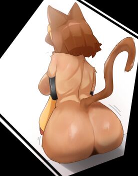 1girl absurdres animal_ears ass ass_focus back breasts brown_hair cat_ears cat_girl cat_tail commentary completely_nude english_commentary facing_away from_behind furry furry_female gameoverse goggles goggles_on_head highres huge_ass int_cc kit_bodega nude short_hair tail whiskers