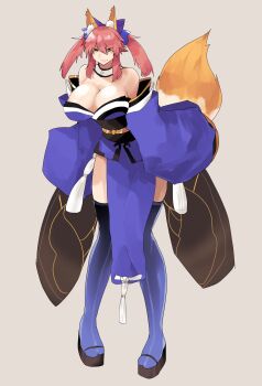 Rule 34 | 1girl, absurdres, animal ear fluff, animal ears, bare shoulders, blue thighhighs, bow, breasts, brown sandals, cleavage, fang, fate/extra, fate (series), fox ears, fox girl, fox tail, hair bow, highres, large breasts, lipstick, long hair, long legs, looking at viewer, makeup, obi, pink hair, platform sandals, platform shoes, purple bow, rice grg, sandals, sash, simple background, solo, standing, tail, tamamo no mae (fate), thighhighs, wide sleeves, yellow eyes