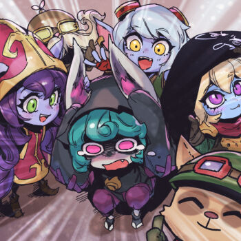 2boys 4girls :d black_cloak blonde_hair brown_footwear brown_headwear cloak corki dress facial_hair fang fang_out fangs fingerless_gloves gloves goggles goggles_on_head green_hair green_headwear grey_hair hood hood_up league_of_legends long_hair lulu_(league_of_legends) medium_hair multiple_boys multiple_girls mustache not_like_this_(meme) open_mouth pants phantom_ix_row pink_eyes pointy_ears poppy_(league_of_legends) purple_hair red_dress shiny_clothes smile teemo teeth tristana_(league_of_legends) twitch.tv upper_teeth_only vex_(league_of_legends) yordle