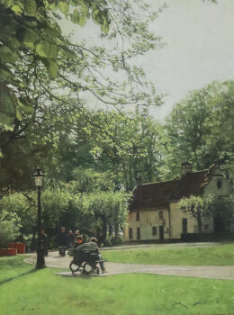 3boys 3girls absurdres building commentary_request day grass highres hill multiple_boys multiple_girls naohiro_ito original painting_(medium) park photorealistic realistic scenery shadow sunlight traditional_media tree