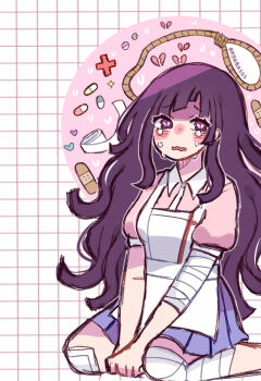 Rule 34 | 1girl, apron, artist name, bandage on knee, bandage roll, bandaged arm, bandaged leg, bandages, bandaid, bayabasss, blue skirt, blush, blush stickers, broken heart, collared shirt, commentary, crying, crying with eyes open, danganronpa (series), danganronpa 2: goodbye despair, english commentary, eyelashes, grid background, heart, heart-shaped pupils, highres, kneeling, long hair, noose, open mouth, pill, pink shirt, purple eyes, purple hair, rope, shirt, short sleeves, sidelocks, skirt, solo, symbol-shaped pupils, tears, tsumiki mikan, wavy mouth, white apron