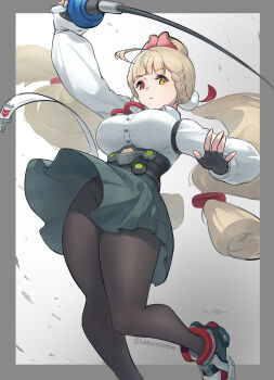 1girl alice_thymefield animal_ears black_gloves black_pantyhose border braid breasts commentary_request fingerless_gloves foot_out_of_frame gloves green_skirt grey_background grey_border hair_ornament heterochromia highres holding holding_sword holding_weapon long_hair long_sleeves looking_at_viewer low_twintails no_panties pantyhose pleated_skirt rabbit_ears rabbit_girl rapier red_eyes serious shirt shoes simple_background skirt solo sphere_hair_ornament sword takeclaire twintails weapon white_shirt yellow_eyes zenless_zone_zero