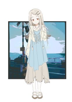 1girl blonde_hair blue_dress border car collarbone colored_eyelashes crossbuck dress flipped_hair full_body gakuen_idolmaster gradient_hair grey_dress grey_hair hair_ornament hairclip halter_dress halterneck hand_up hashtag-only_commentary highres horizon idolmaster jacket kabaxima_kin long_hair long_sleeves looking_at_viewer motor_vehicle multicolored_hair ocean orange_eyes outside_border parallel_hairclips parted_bangs parted_lips photo_background railroad_crossing railroad_signal road sandals shinosawa_hiro sky solo standing white_border white_jacket