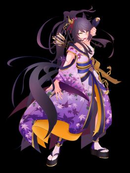 Rule 34 | 1girl, animal ears, arrow (projectile), bandaid, bandaid on face, bandaid on nose, black bow, black hair, black socks, bow, breasts, chest sarashi, choker, echoo, highres, horse ears, horse girl, japanese clothes, kimono, long hair, narita brian (the whistling arrow's taunt) (umamusume), narita brian (umamusume), official alternate costume, open mouth, ponytail, purple kimono, quiver, sandals, sarashi, sash, simple background, socks, solo, umamusume, yellow eyes