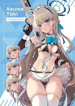 1girl :o alternate_costume apron apron_lift assault_rifle backlighting bare_shoulders bikini black_bra black_choker black_panties black_ribbon blonde_hair blue_archive blue_background blue_bow blue_bowtie blue_eyes blue_halo blunt_bangs blush bow bowtie bra braid breasts bullpup caseless_firearm character_name choker clothes_lift commentary_request cowboy_shot deep_skin detached_collar elbow_gloves fingerless_gloves floating_hair frilled_apron frills gloves gluteal_fold gun h&amp;k_g11 hair_intakes hair_ribbon half_up_braid half_updo halo hand_up head_tilt highleg highleg_panties holding holding_gun holding_weapon lifting_own_clothes long_hair looking_at_viewer maid maid_headdress medium_breasts navel official_alternate_hairstyle panties parted_lips revealing_clothes ribbon rifle simple_background skindentation solo stomach swimsuit thick_thighs thigh_gap thighhighs thighs toki_(blue_archive) undersized_clothes undersized_thighhighs underwear very_long_hair waist_apron weapon white_apron white_thighhighs xephonia