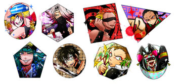 Rule 34 | 6+boys, androgynous, anger vein, angry, animal ears, aqua hair, bandages, big clothes, black hair, blade, blindfold, blonde hair, blue eyes, blue hair, blunt bangs, blush, braid, buck teeth, choker, dark-skinned male, dark skin, dart, ear piercing, earrings, evil smile, eyeshadow, fingernails, from behind, frown, goggles, gojou ruka, gokuu samon, grabbing another's hair, gradient hair, green hair, grin, happy, head out of frame, headband, holding another's hair, honey (nanbaka), hood, ichijou tomato, jacket, jewelry, juugo (nanbaka), liang (nanbaka), long fingernails, long hair, looking at viewer, looking back, makeup, male focus, mask, mouth mask, multicolored hair, multiple boys, musashi (nanbaka), nanbaka, neck piercing, necklace, ninja, ninja mask, note, open mouth, orange hair, paper, parted lips, piercing, pink hair, ponytail, purple eyes, purple hair, rabbit ears, red eyes, red hair, scar, short hair, sidelocks, smile, sparkle, striped hair, sweatdrop, tank top, teeth, trap, tsukumo (nanbaka), uno (nanbaka), weapon, white hair, wristband, you gonna get raped, zipper