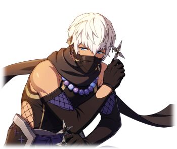 Rule 34 | 1boy, bare shoulders, black gloves, black scarf, black shirt, blue eyes, dark-skinned male, dark skin, detached sleeves, elbow gloves, game cg, gloves, happy elements, helios rising heroes, holding, holding weapon, jewelry, kunai, male focus, mask, mouth mask, necklace, ninja, ninja mask, non-web source, official art, oscar bale, scarf, shirt, short hair, shuriken, solo, transparent background, weapon, white hair