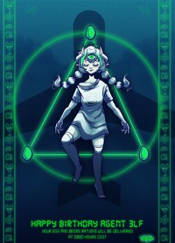 1girl 2024 3rd_eye absurdres alcohol artist_initials beer bill_cipher black_socks bottomless braid collarbone egg elf elfinpsyop gravity_falls happy_birthday highres horns indie_virtual_youtuber killer4t mechanical_horns plane pointy_ears socks twin_braids