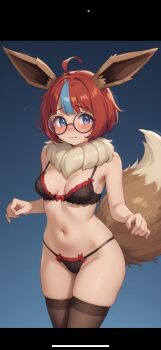 1girl absurdres blush cosplay eevee eevee_(cosplay) gen_1_pokemon glasses highres looking_at_viewer navel nintendo non-web_source original pokemon purple_eyes scared swimsuit