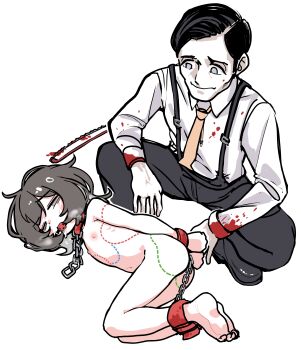 1boy 1girl absurdres ankle_cuffs arms_behind_back ball_gag barefoot bdsm black_hair blood body_writing bondage bondage_cuffs bound bound_ankles bound_wrists chain clothed_male_nude_female collar collared_shirt cuffs dotted_line drooling feet flat_chest full_body gag gagged half-closed_eyes highres leash loli lying meat_chart navel necktie nipples nude on_side original pants restrained saliva saw shirt shoeguy short_hair simple_background slave soles squatting suspenders white_background white_shirt yellow_necktie