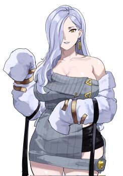 1girl akihitoevon breasts cleavage commentary dress earrings english_commentary fate/grand_order fate_(series) grey_hair grey_sweater grin hair_over_one_eye hebi_nyoubou_(fate) highres hoop_earrings jewelry large_breasts long_hair looking_at_another looking_at_viewer smile solo sweater sweater_dress yellow_eyes