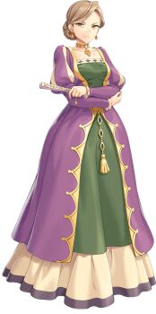 Rule 34 | 1girl, artist request, breasts, brown hair, dress, earrings, frown, full body, game cg, hand fan, highres, holding, holding fan, jewelry, legend clover, long sleeves, necklace, noble woman (legend clover), official art, solo, transparent background, yellow eyes