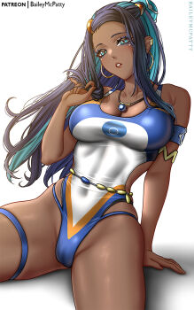 1girl artist_name baileymcpatty belly_chain black_hair blue_eyes blue_eyeshadow blue_hair breasts cameltoe competition_swimsuit covered_navel dark-skinned_female dark_skin earrings eyeshadow highleg highleg_one-piece_swimsuit highres hoop_earrings jewelry large_breasts long_hair makeup multicolored_hair multicolored_swimsuit necklace nessa_(pokemon) nintendo one-piece_swimsuit pokemon pokemon_sword_and_shield simple_background solo swimsuit two-tone_hair white_background white_one-piece_swimsuit