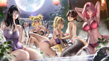 5girls alternate_breast_size armpits arms_behind_head arms_up bikini black_hair breasts covered_navel facial_mark floral_print floral_print_bikini forehead_mark forehead_protector hairband haruno_sakura highres hyuuga_hinata konohagakure_symbol lantern large_breasts liang_xing moon multiple_girls naruto_(series) naruto_shippuuden one-piece_swimsuit onsen paper_lantern pink_hair ponytail print_bikini quad_tails sunagakure_symbol swimsuit temari_(naruto) tenten_(naruto) unworn_headband yamanaka_ino